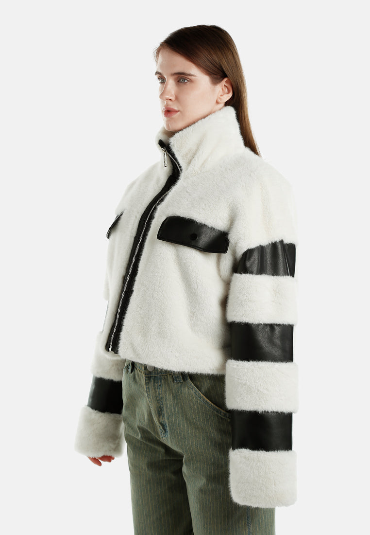 faux fur & faux leather coat by ruw#color_cream