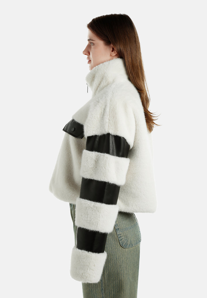 faux fur & faux leather coat by ruw#color_cream