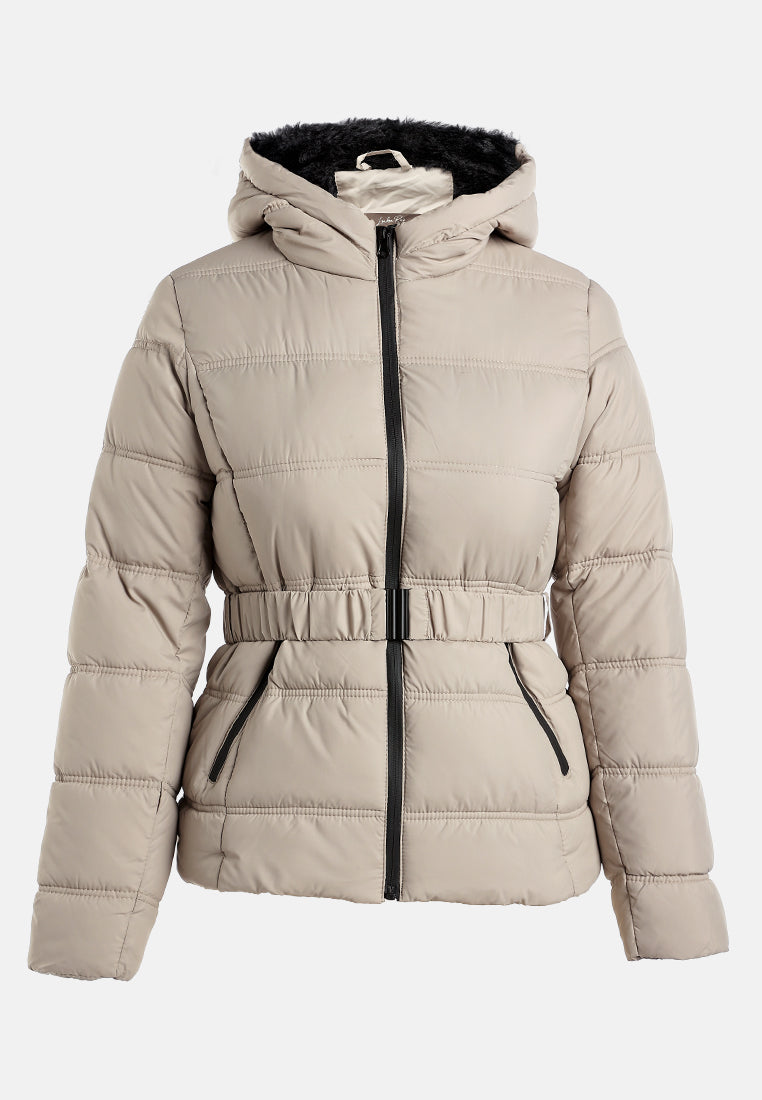 Quilted Hood Puffer Jacket#color_taupe