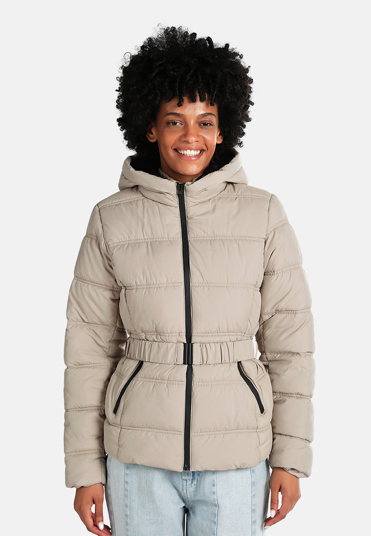 Quilted Hood Puffer Jacket#color_taupe