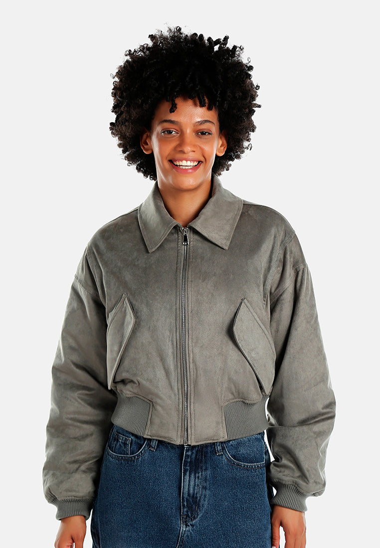 elasticated hem bomber jacket#color_grey