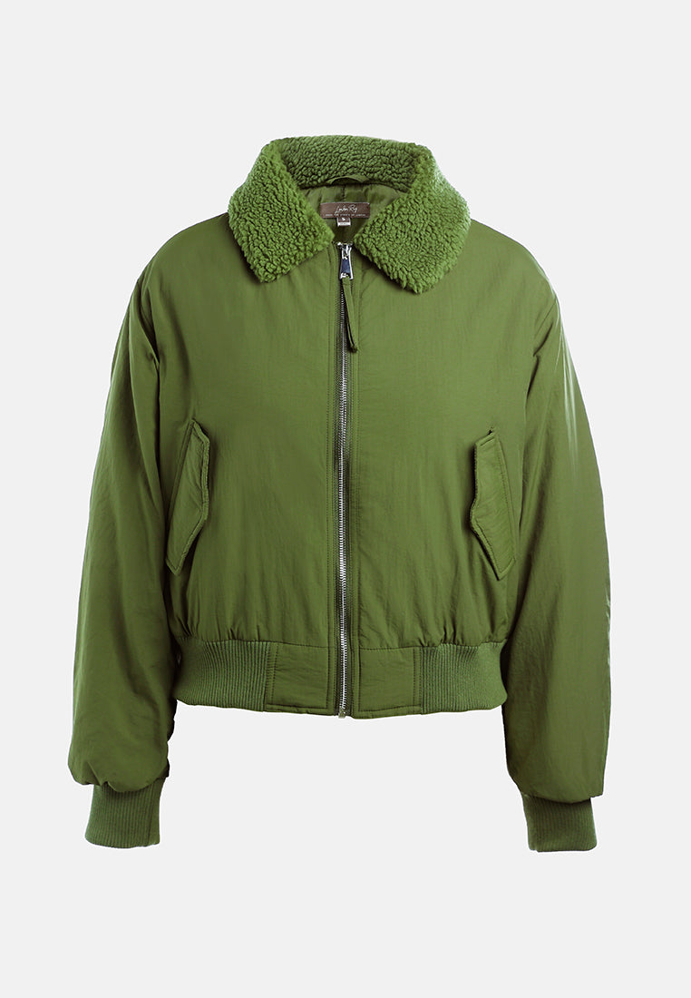 faux fur collared bomber jacket#color_olive