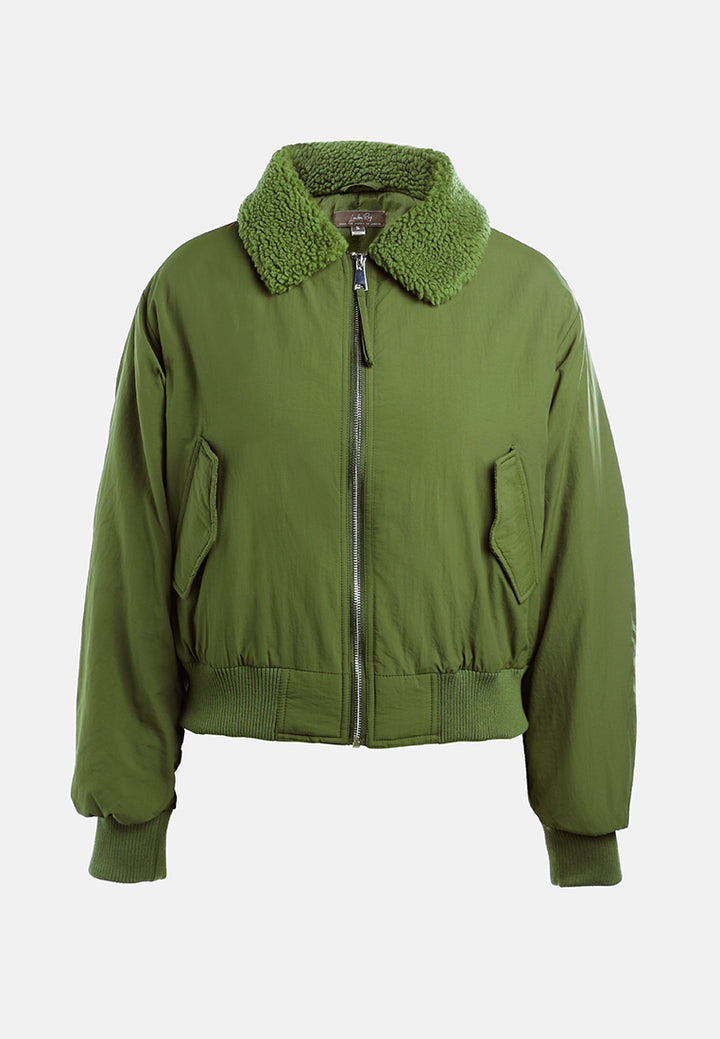 faux fur collared bomber jacket#color_olive