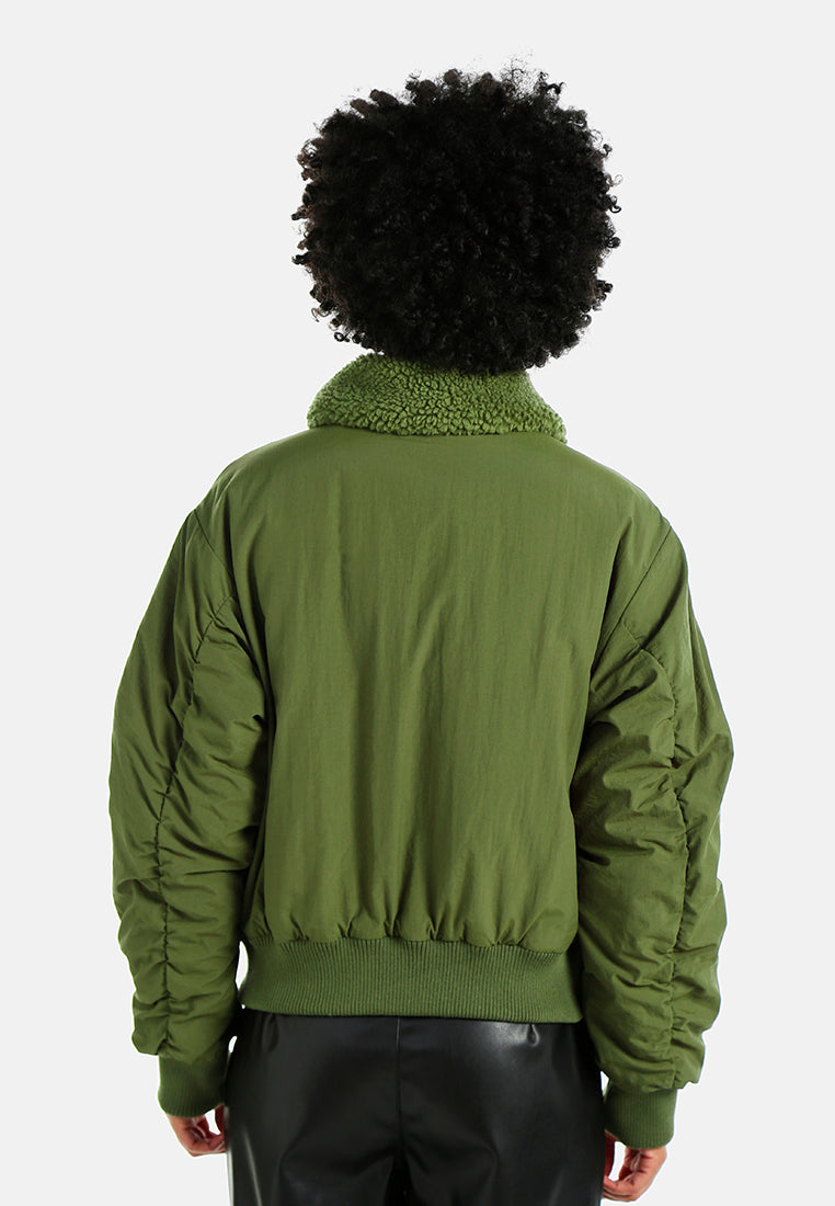 faux fur collared bomber jacket#color_olive