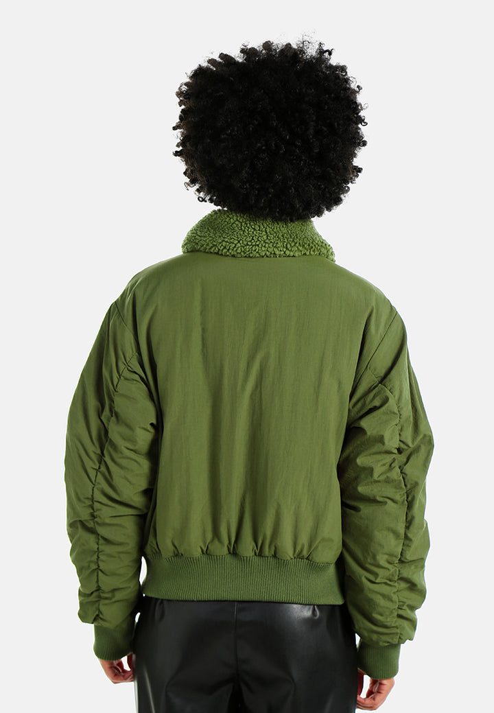 faux fur collared bomber jacket#color_olive
