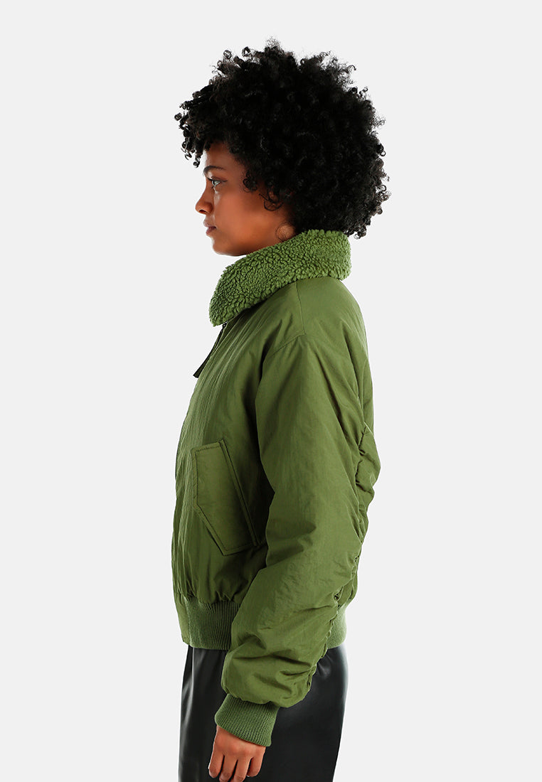 faux fur collared bomber jacket#color_olive