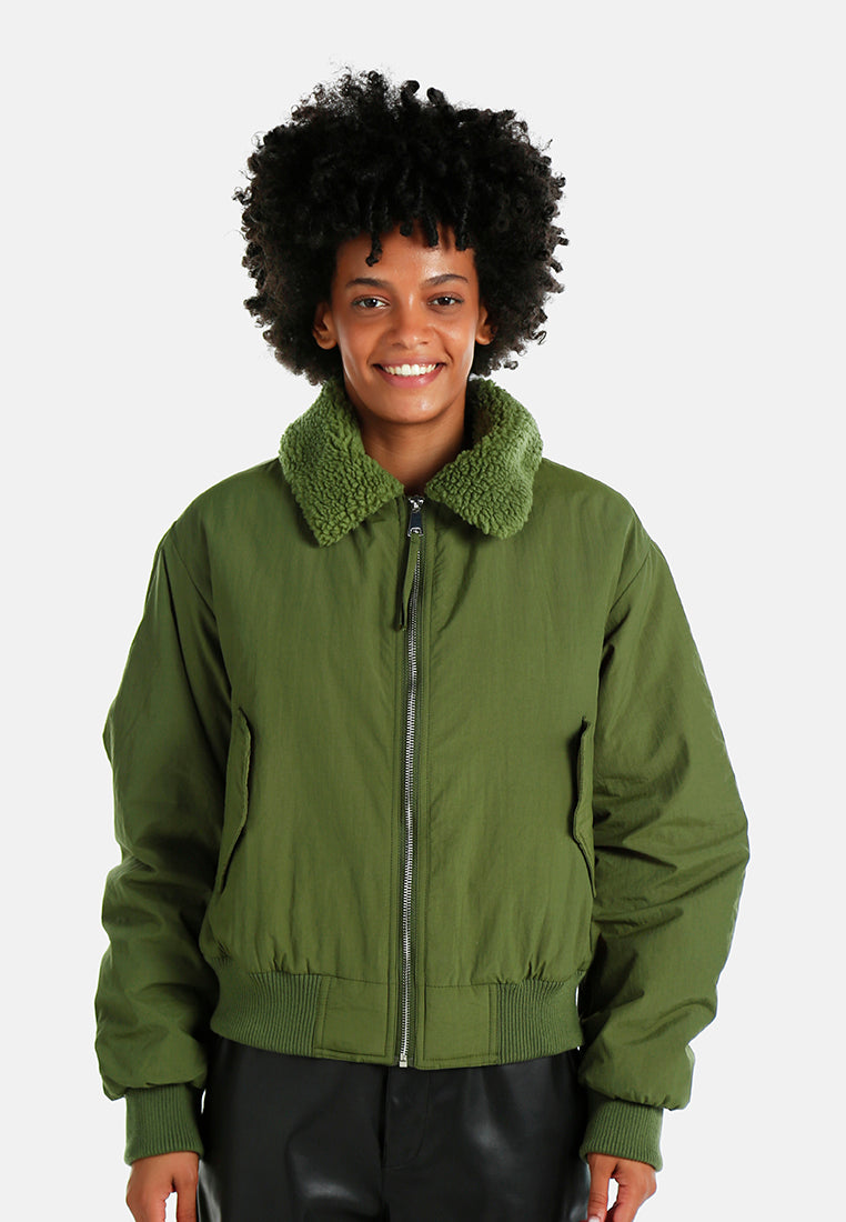 faux fur collared bomber jacket#color_olive