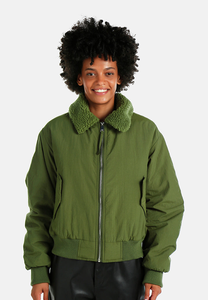 faux fur collared bomber jacket#color_olive