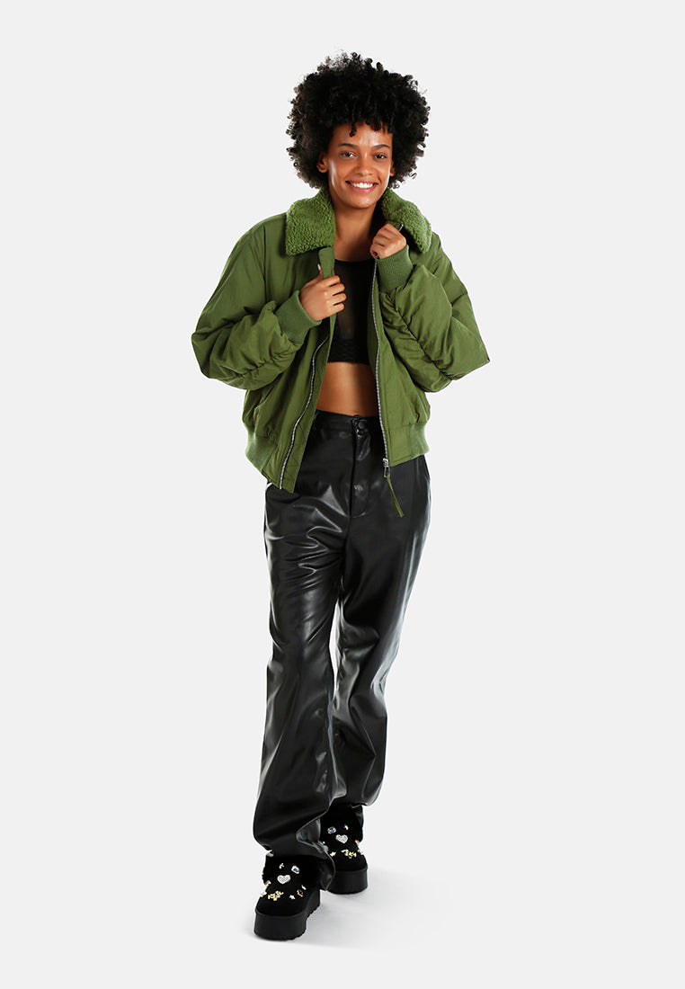 faux fur collared bomber jacket#color_olive
