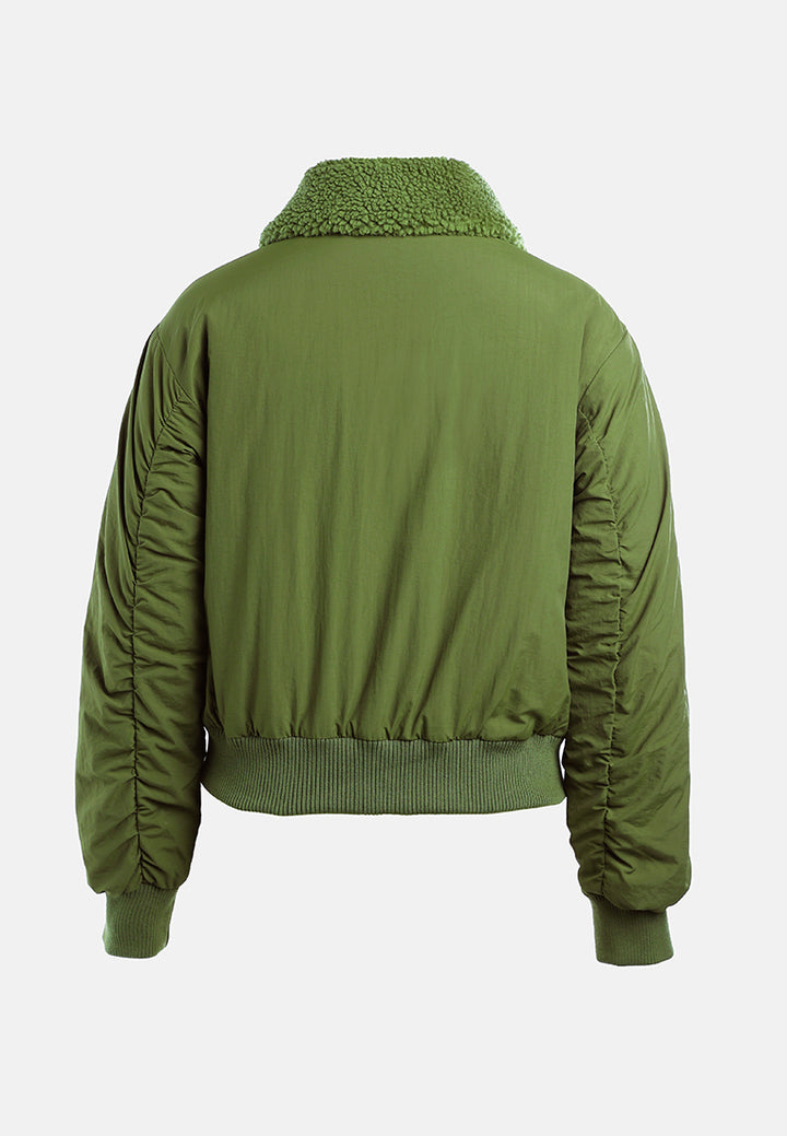 faux fur collared bomber jacket#color_olive