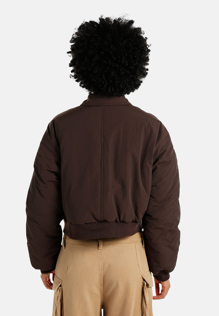 zip-up cropped bomber jacket#color_dark-bown