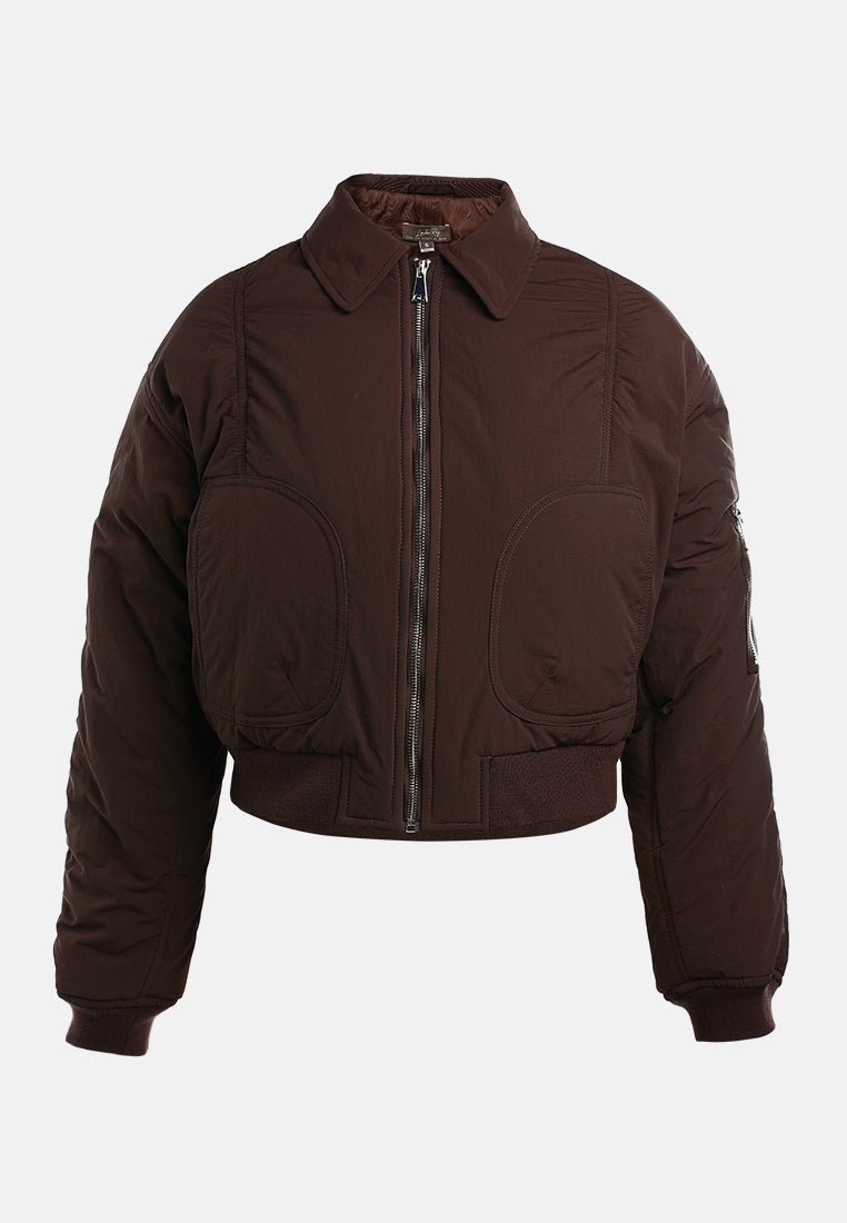 zip-up cropped bomber jacket#color_dark-brown