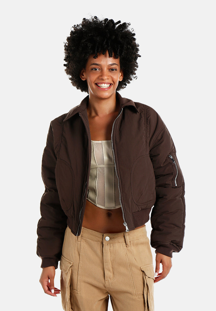 zip-up cropped bomber jacket#color_dark-bown