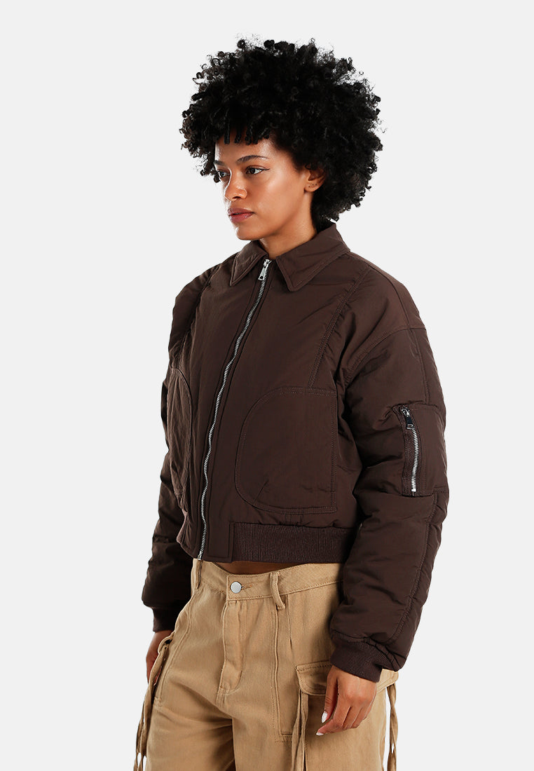 zip-up cropped bomber jacket#color_dark-bown