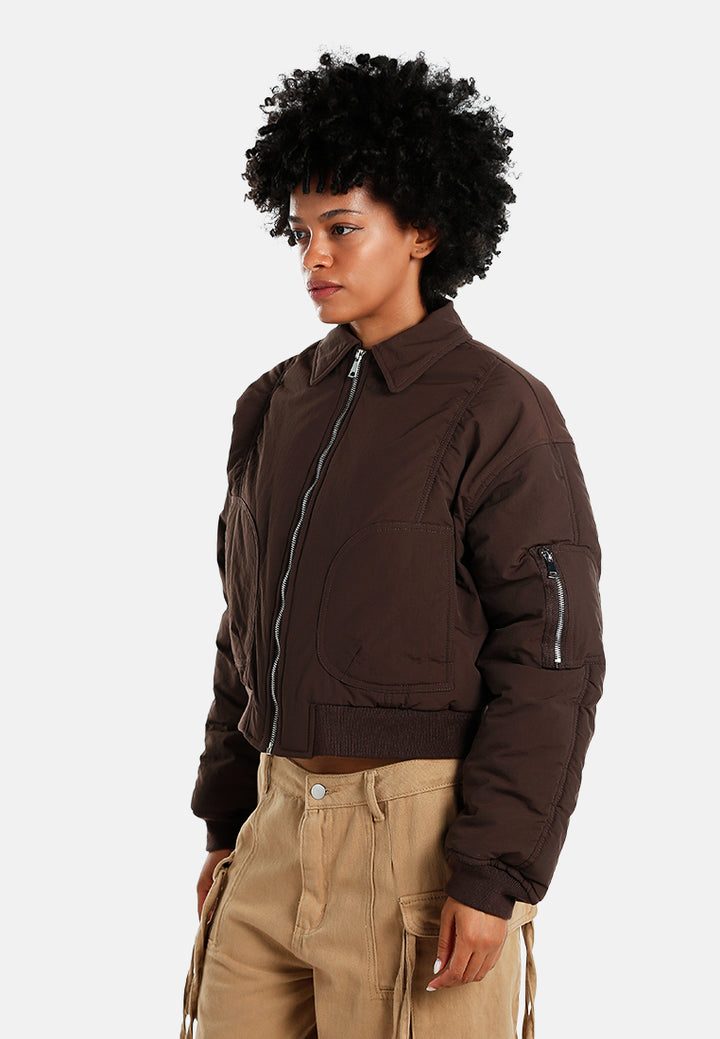 zip-up cropped bomber jacket#color_dark-bown