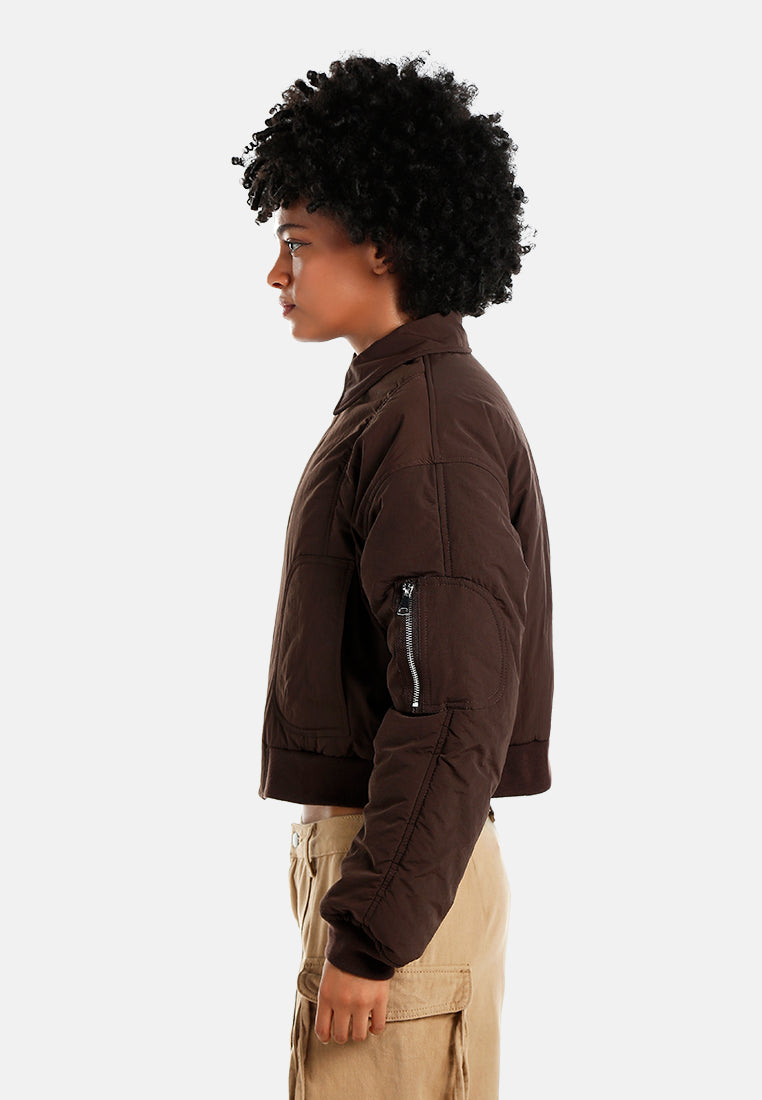 zip-up cropped bomber jacket#color_dark-bown