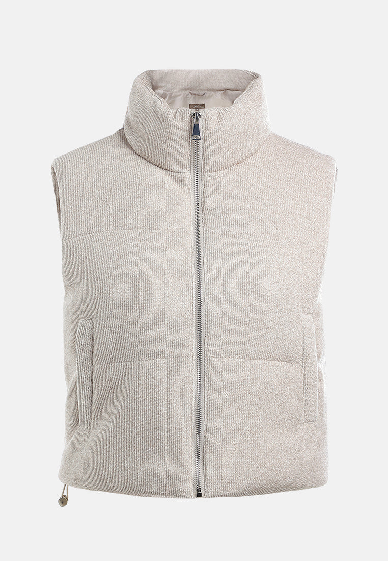 textured high-neck sleeveless jacket#color_stone