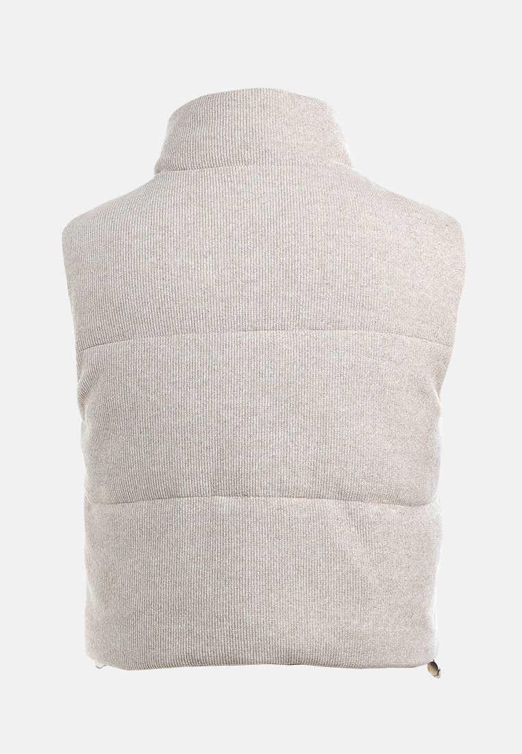 textured high-neck sleeveless jacket#color_stone