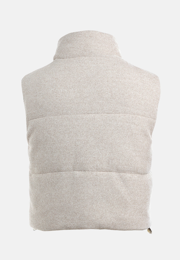 textured high-neck sleeveless jacket#color_stone