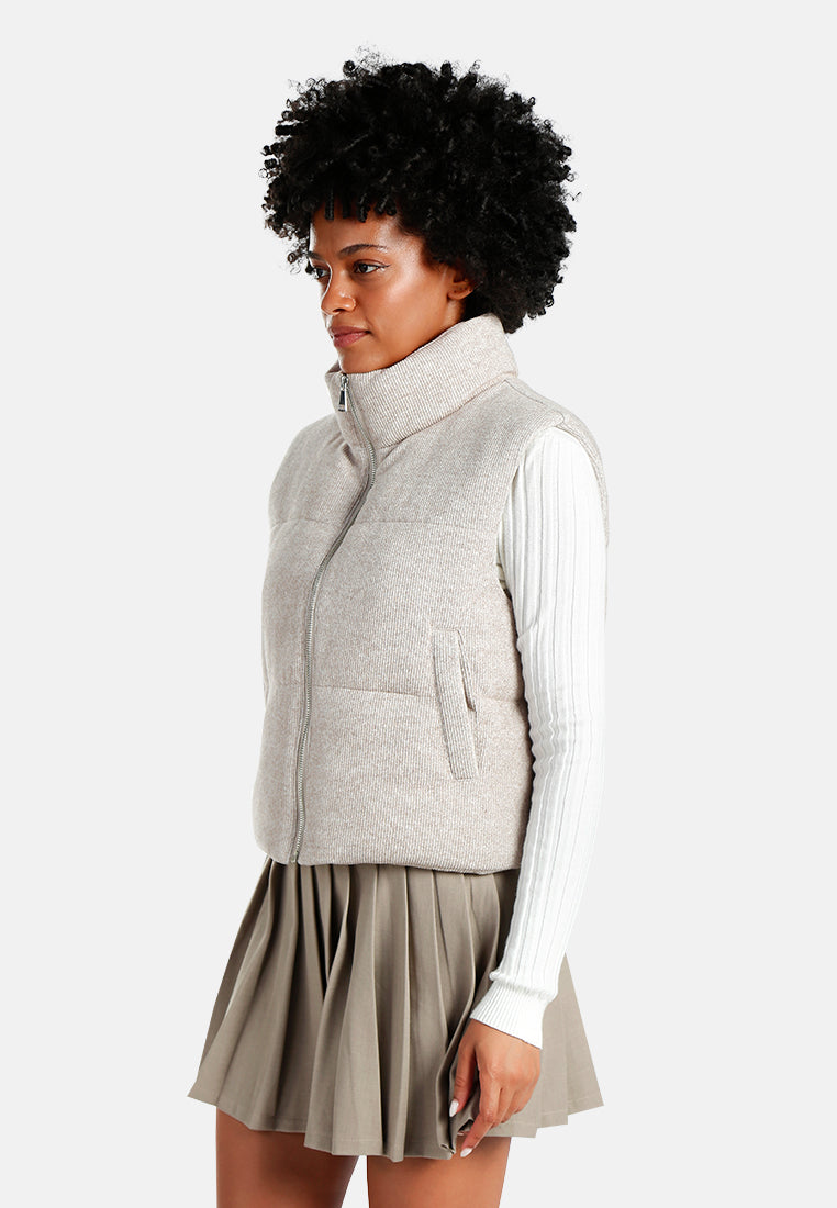 textured high-neck sleeveless jacket#color_stone