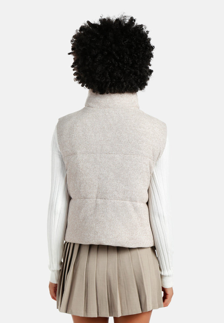 textured high-neck sleeveless jacket#color_stone