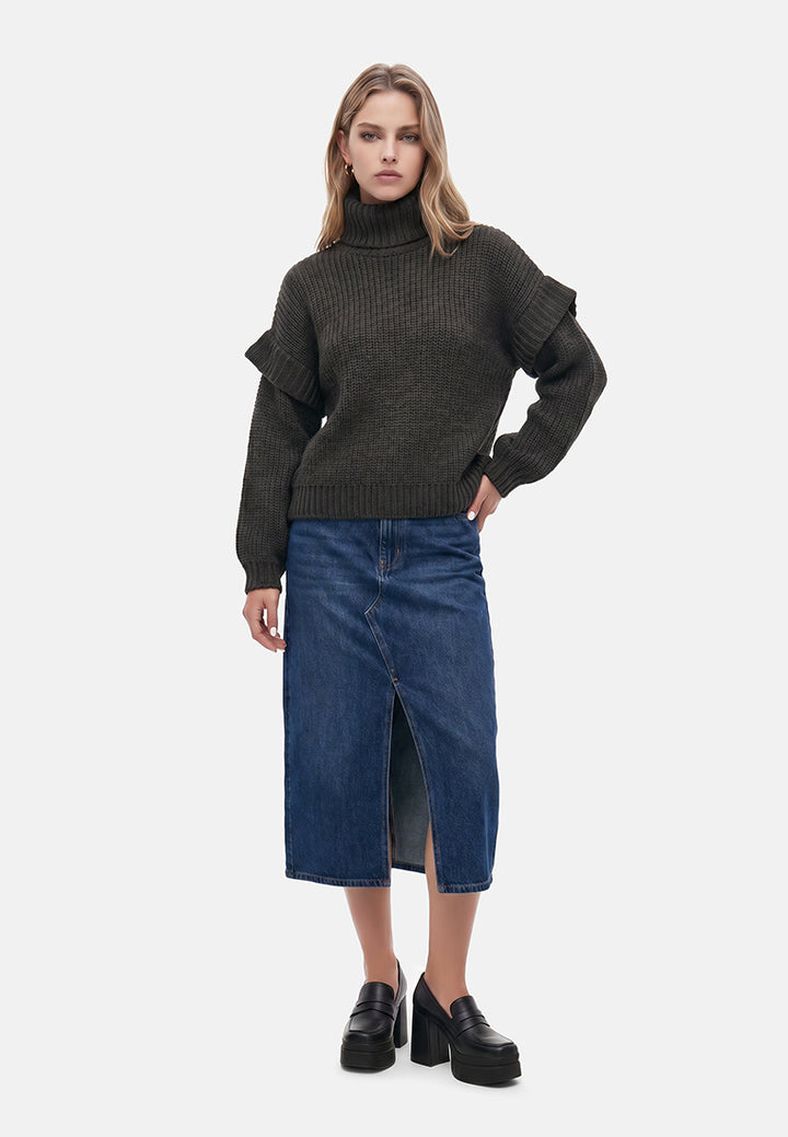 frill detail knitted sweater#color_charcoal-grey