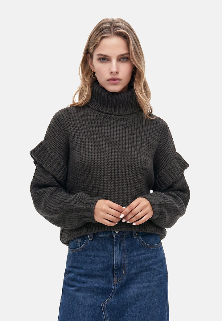 frill detail knitted sweater#color_charcoal-grey