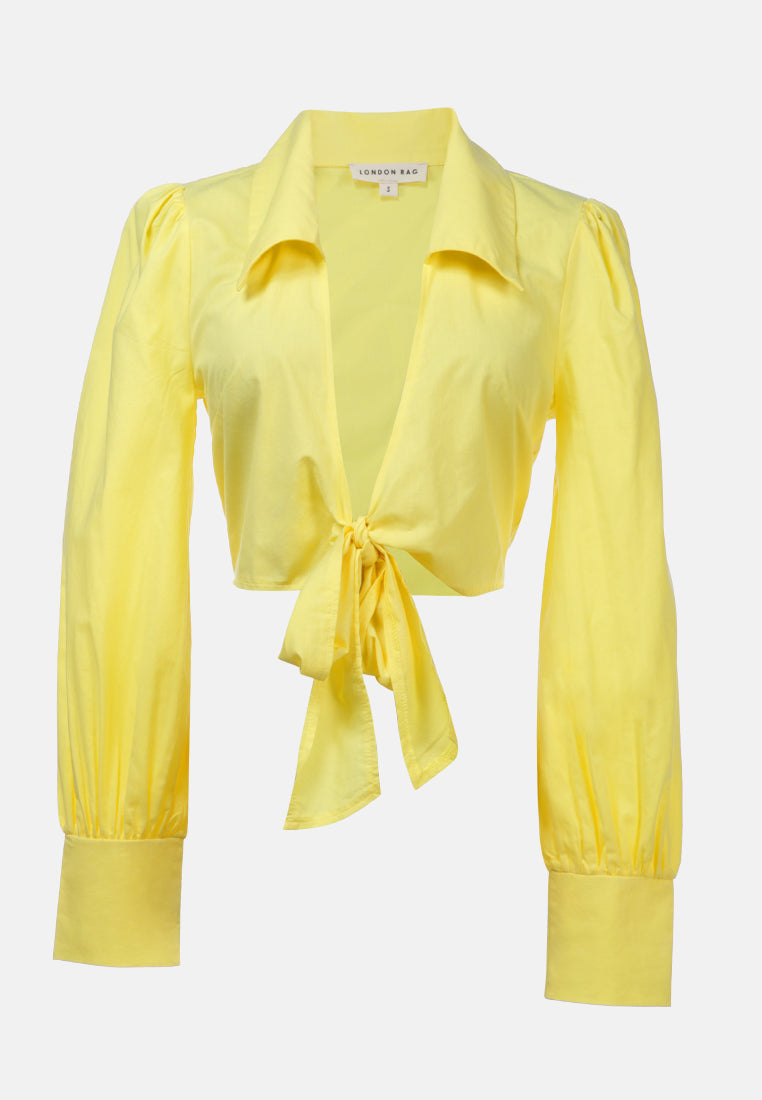 collared puff tie-up crop top#color_yellow