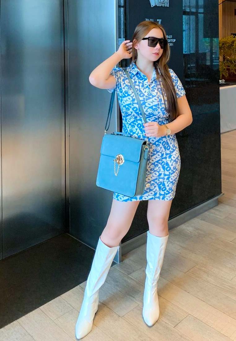 printed mini bodycon polo dress#color_blue