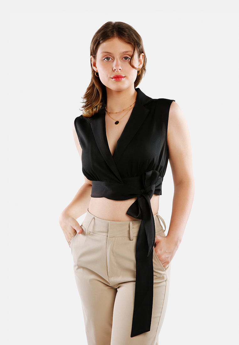 knot detail lapel blouse#color_black