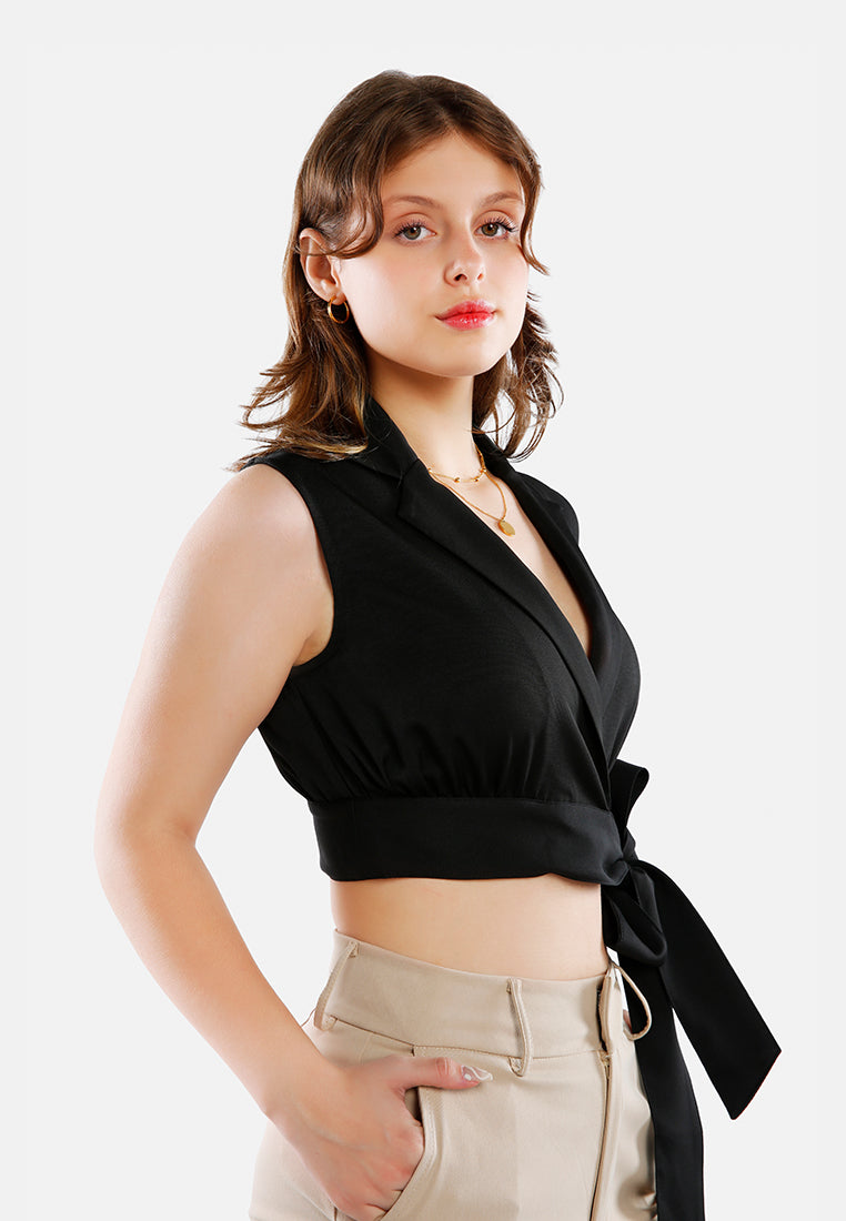 knot detail lapel blouse#color_black
