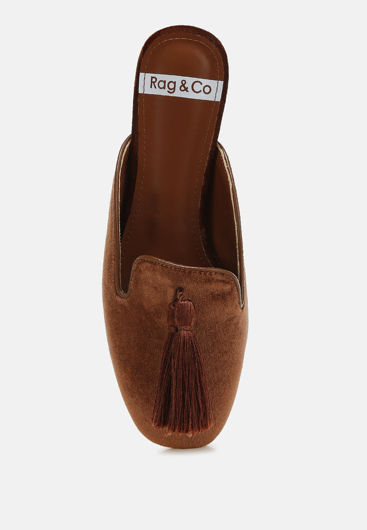 tassel detail velvet mules by ruw#color_brown