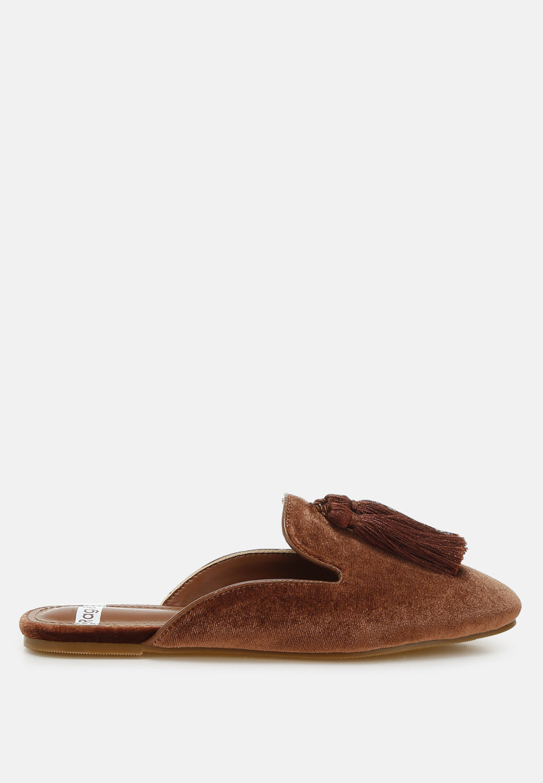 tassel detail velvet mules by ruw#color_brown