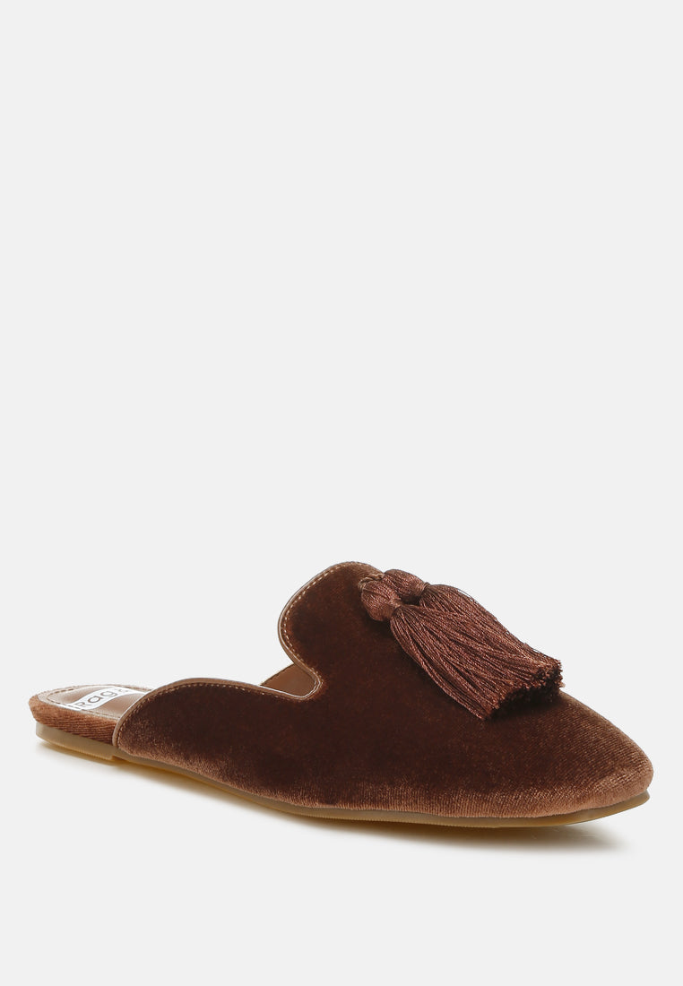 tassel detail velvet mules by ruw#color_brown