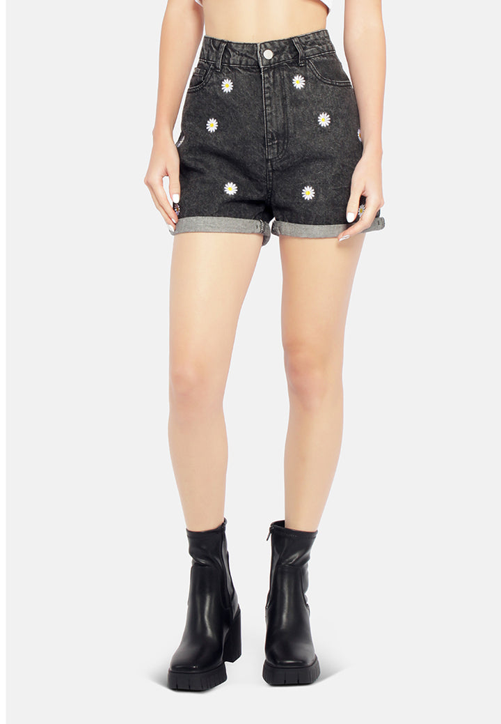 casual floral embroidery denim shorts#color_black