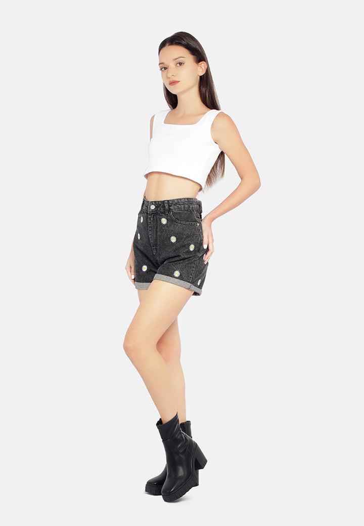 casual floral embroidery denim shorts#color_black