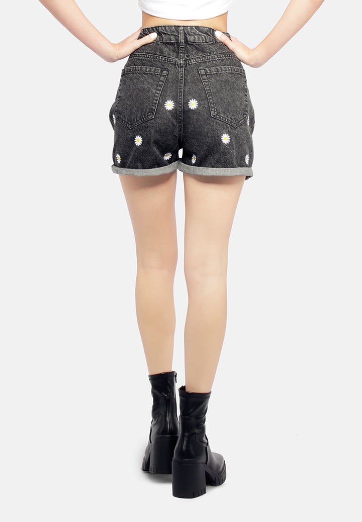 casual floral embroidery denim shorts#color_black