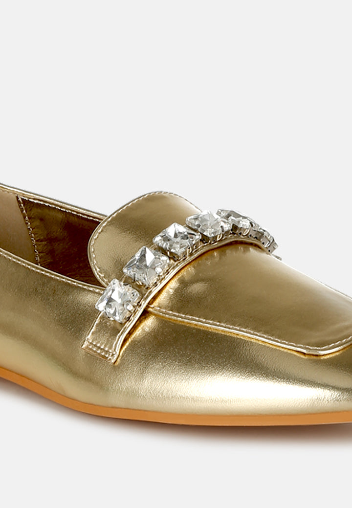 metallic diamante strap loafers by ruw#color_gold