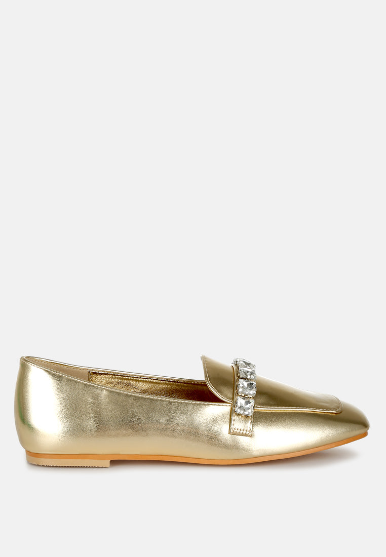 metallic diamante strap loafers by ruw#color_gold