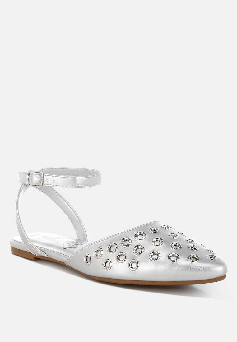 metallic eyelet detail flat sandals by ruw#color_silver