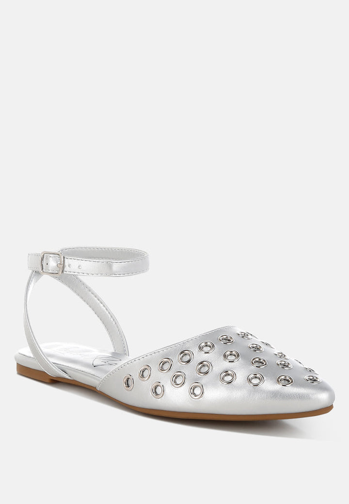 metallic eyelet detail flat sandals by ruw#color_silver