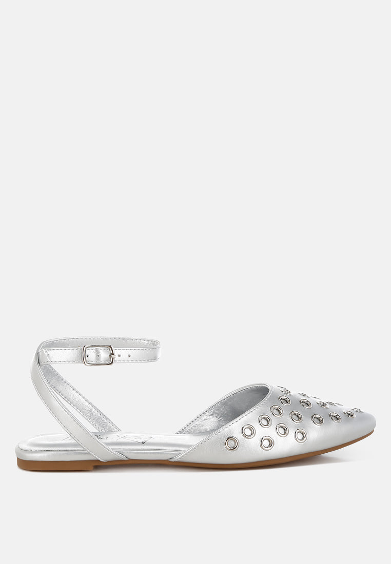 metallic eyelet detail flat sandals by ruw#color_silver