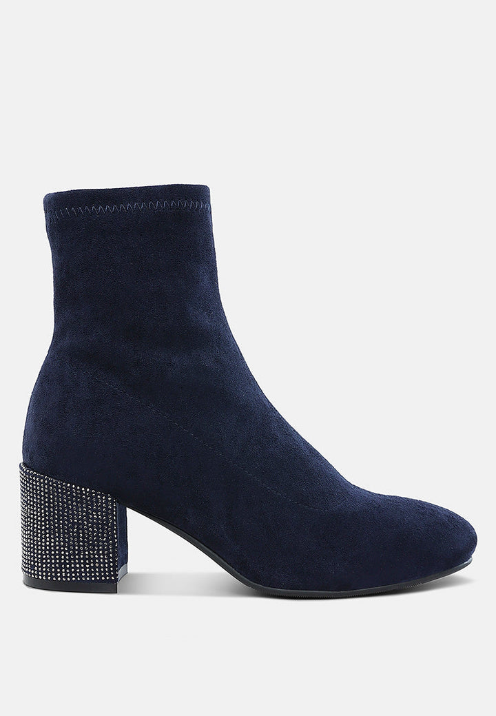 rhinestones embellished block heel boots by ruw#color_navy