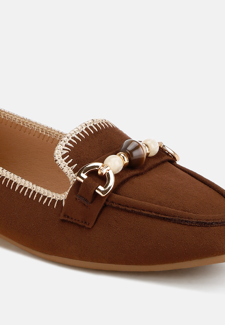 bead embellished ballet flats#color_brown