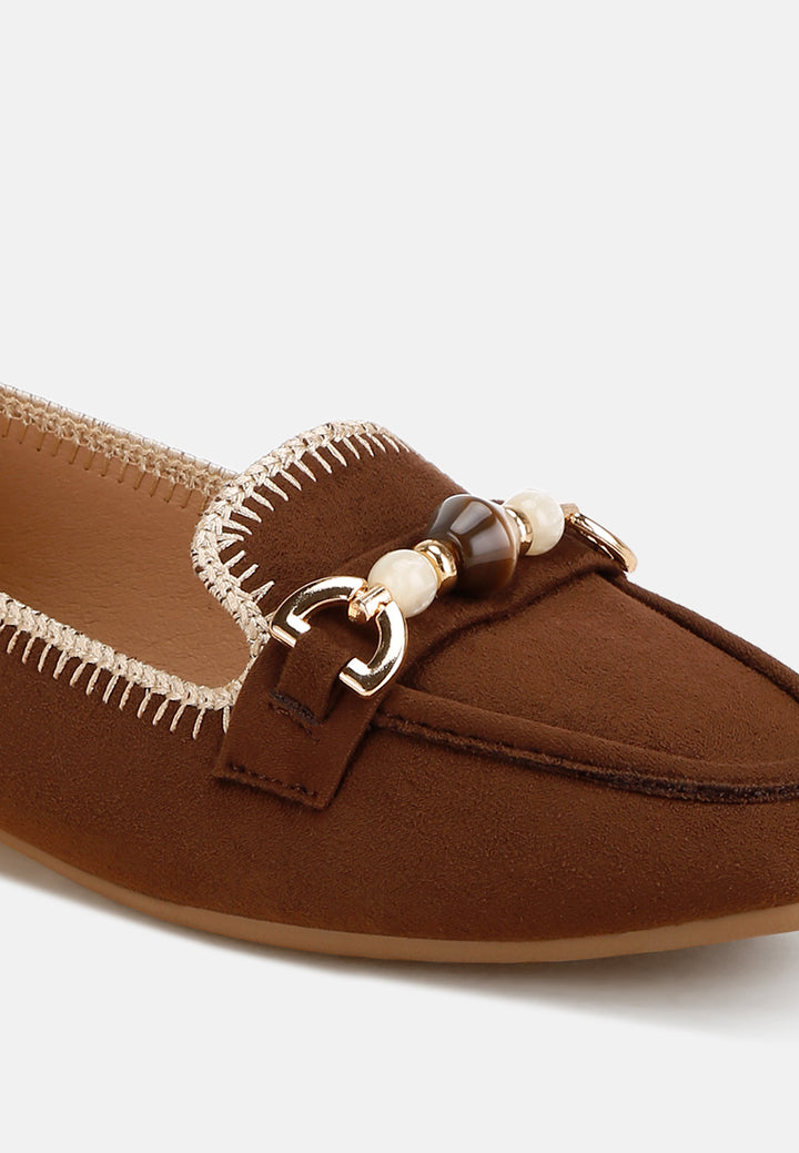 bead embellished ballet flats#color_brown