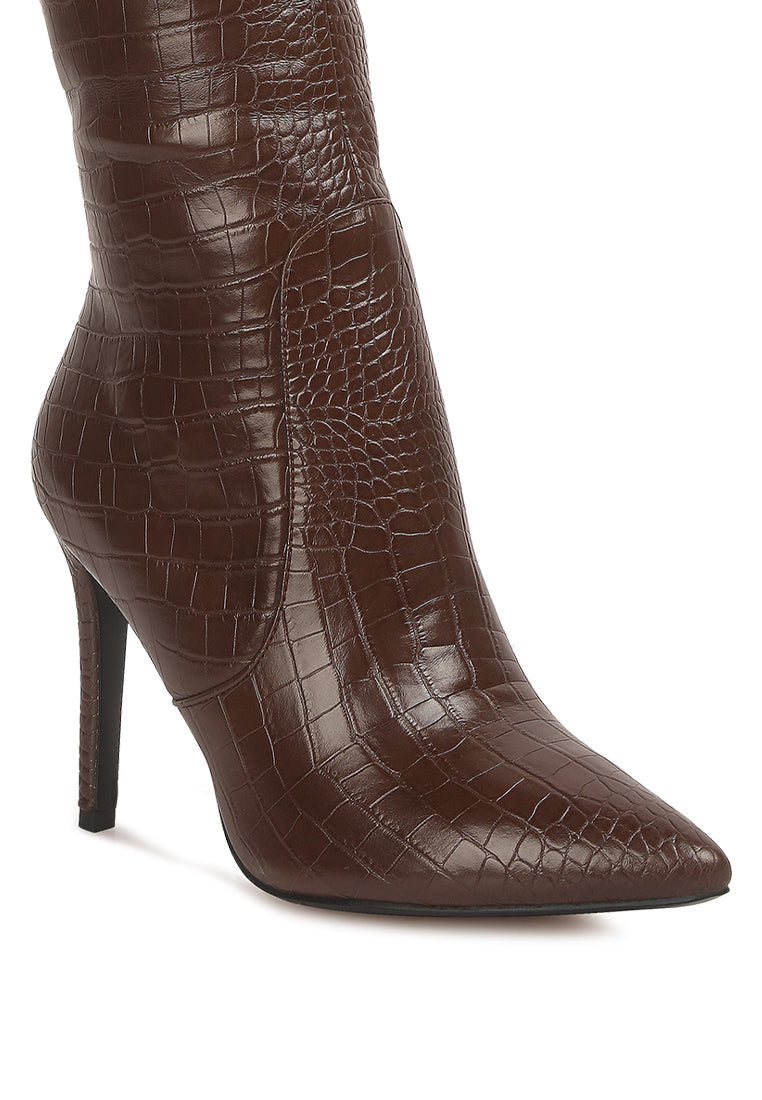 indulgent high heel croc calf boots by ruw#color_dark-brown