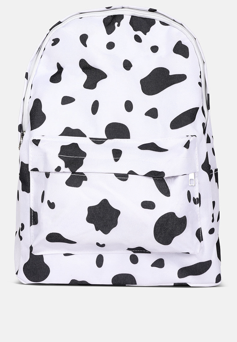 white cow printed casual backpack#color_white