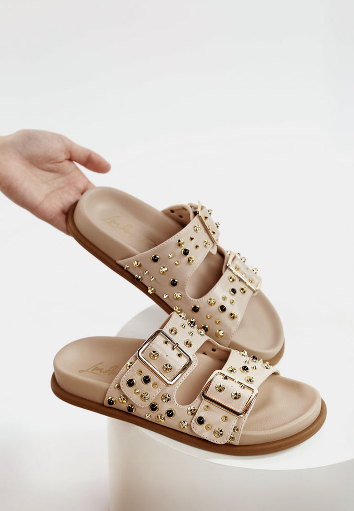 metallic stud embellished sliders by ruw#color_beige