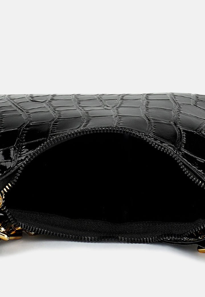 croc patten baguette bag#color_black