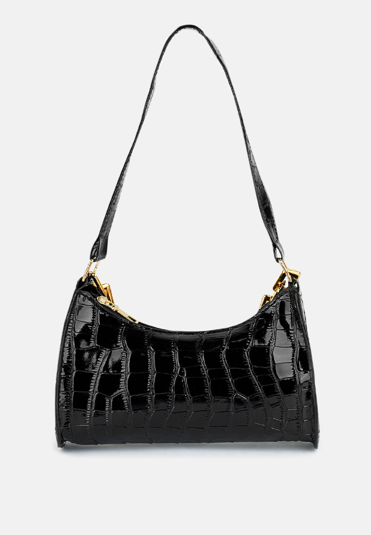 croc patten baguette bag#color_black